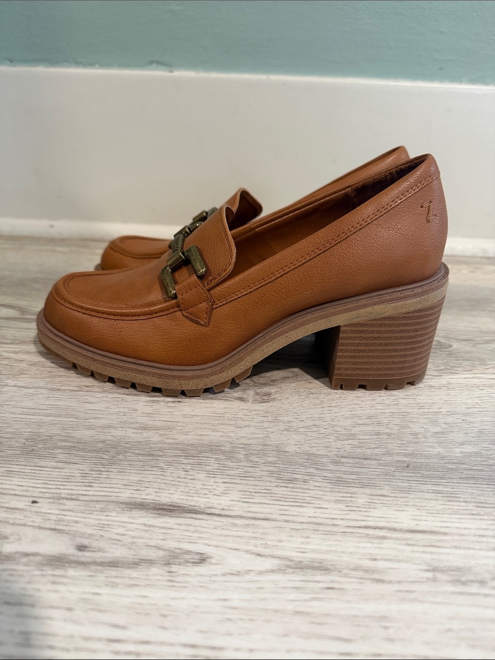 Women's Tan Chunky Heel Loafer with Gold Hardware - Picture 3 of 4